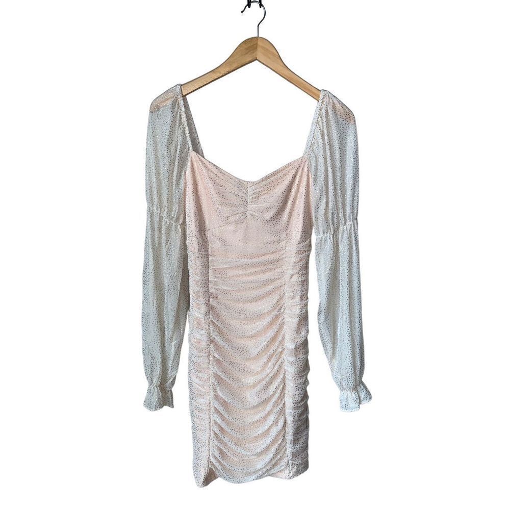 BCBGENERATION Metallic Dot Long Sleeve Ruched Dress in Color Champagne